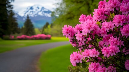 Obraz premium Vibrant blooming flowers along scenic pathway, lush greenery surrounding picturesque mountains, inviting peaceful nature stroll.