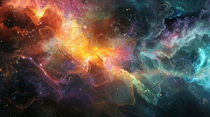Abstract nebulae display vibrant colors and textures.