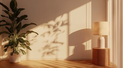 Interior design scene with sunlight and plant.
