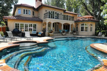 Luxurious house with pool surrounded by trees and lounge chairs.