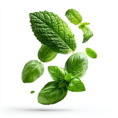 Fresh Mint and Basil Leaves Floating in Air on White Backdrop Studio Shot Food Photography Ingredient Herb Culinary
