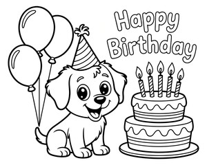 Cute Puppy Birthday Coloring Page for Kids &ndash; Balloons, Cake and Candles