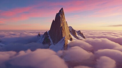 Majestic mountain peak piercing the clouds at sunset