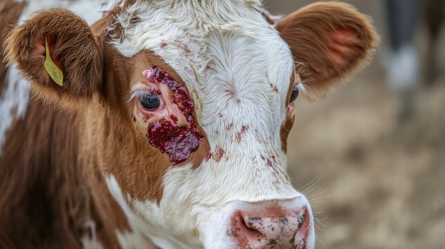 Injured Cow Close-Up: A poignant image of a cow with a facial injury, highlighting the vulnerability of farm animals.