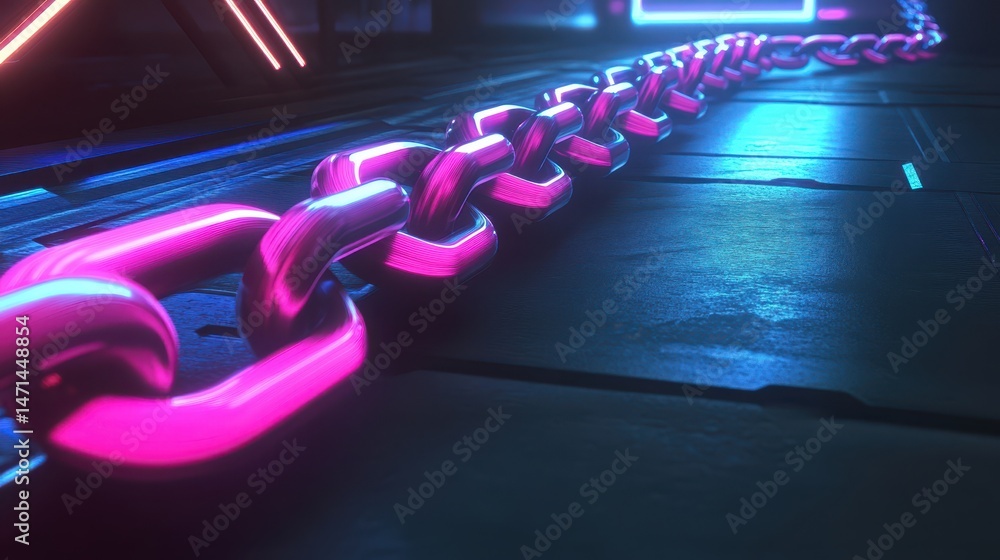 Poster neon chain links in futuristic setting close-up perspective; pink and blue cyberpunk style; blockcha