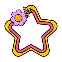 Star rainbow frame. Retro rainbow frame. Pop retro groovy frame with retro flowers.