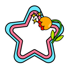 Star rainbow frame. Retro rainbow frame. Pop retro groovy frame with retro flowers.