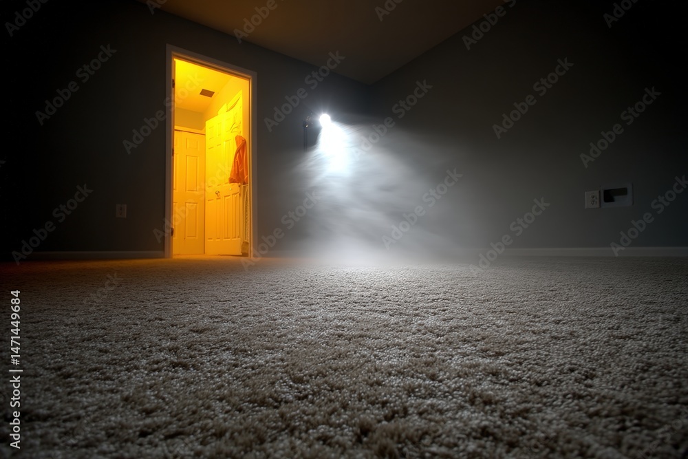 Poster empty room with an illuminated doorway and soft light on the carpet.