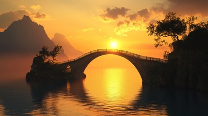 Fototapeta premium Sunset Serenity: A Stone Bridge Arching Over a Calm Lake, Mountains in the Background