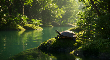 Obraz premium Serene Turtle on Mossy Rock in Lush Tropical Stream