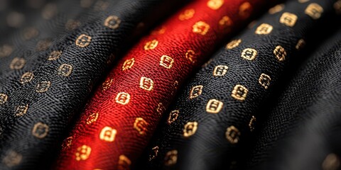 Close-up of elegant black and red patterned fabric with gold geometric designs.