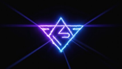 Neon symbol, glowing in vibrant purple and blue, within a triangle shape on a black background.  Rays of light emanate from the symbol