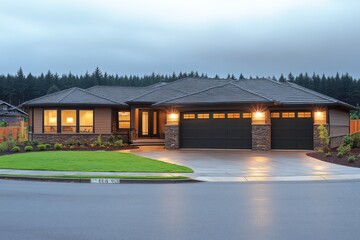 Modern home with a covered entrance, nestled in a suburban neighborhood.  Exterior lighting illuminates the home's features, including a paved driveway, and a yard with mature landscaping