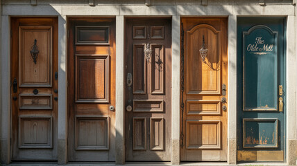 Collection of vintage doors showcasing various styles and colors in a charming urban setting