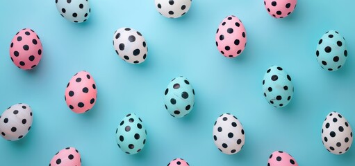 Easter card design background with colorful pastel eggs and polka dots on blue, flat lay banner ideal for spring holidays and festive celebration templates.

