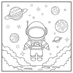 Astronaut in space. Black and white vector illustration for coloring book.