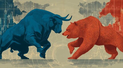 Bull and bear battling fiercely on stock market battlefield with dynamic graphs of rising and falling interest rates