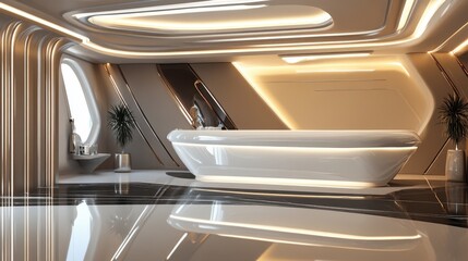 Futuristic bathroom interior design with bathtub and plant in modern style, architectural photography of luxurious home spa with shiny floor