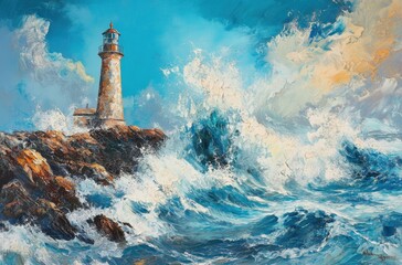 Lighthouse on rocky shore with crashing waves