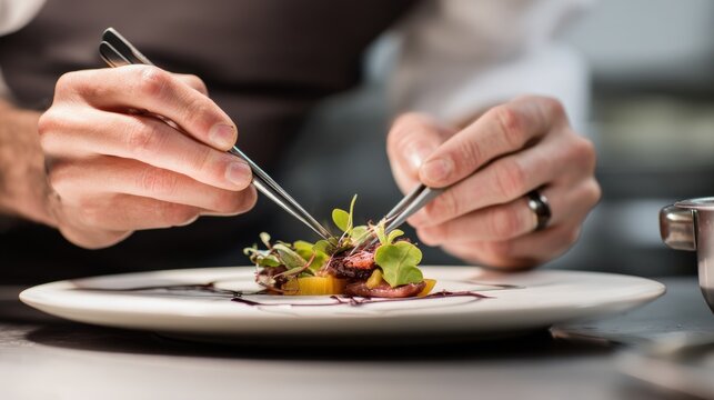 Expert chef plating a dish with precision tweezers, every element arranged perfectly for visual harmony.