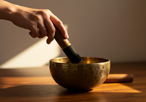 Striking a singing bowl for inner harmony and mindful tranquility session