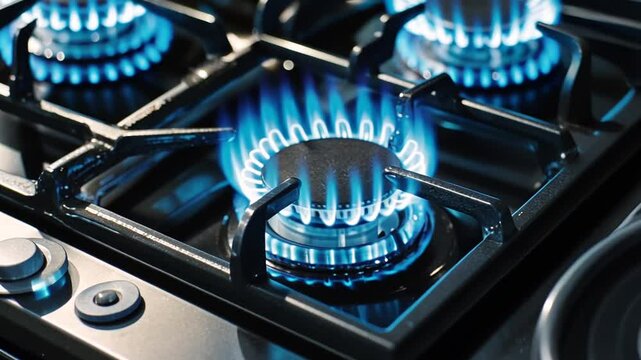 Modern Gas Stove Cooktop with Blue Flames Energy for Culinary Preparation