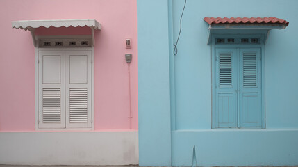 Obraz premium Pastel facade with simple details, a clean urban backdrop. Minimalist charm in soft daylight.