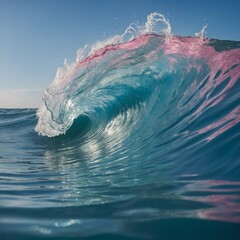 "Closeup of a pastel blue and pink ocean wave curling in soft motion."