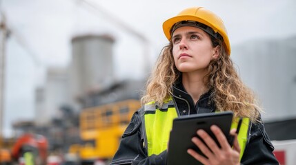Female engineer wearing a hard hat and high-visibility vest, using a tablet to record data at a construction site, looking directly at the camera.