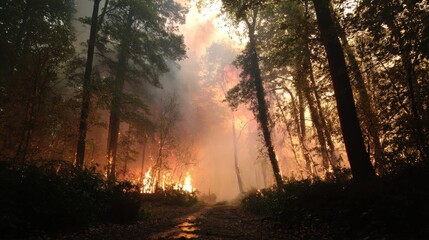 Fire rapidly overtaking a dense woodland path, smoke obscuring visibility, dramatically illustrating nature sudden devastation.