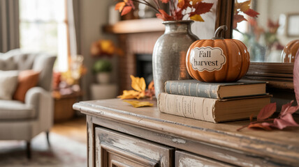 Cozy autumn living room decor featuring pumpkin and books with fall leaves on a wooden dresser