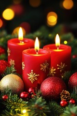 Festive Christmas Candles Burning Brightly with Ornaments and Greenery Close Up Vertical View