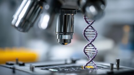 Close-up of DNA Helix Model Under Microscope in Laboratory for Genetic Research and Scientific Discovery
