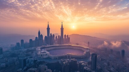 Naklejka premium Majestic Sunrise Over Makkah's Skyline: A Breathtaking Aerial Panorama