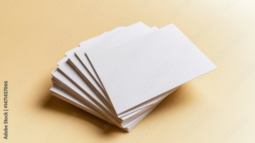 Poster stack of blank white square cards on beige background in studio shot for mockup and branding present