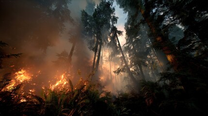 Obraz premium Flames roaring dramatically through an old-growth forest, smoke and ash filling the air, depicting the tragedy of losing ancient ecosystems.