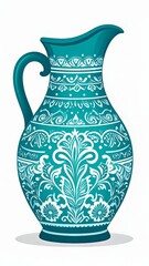 Ornate teal pitcher illustration with white floral patterns perfect for creative designs and artistic projects