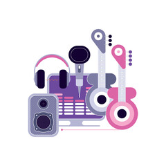 Artistic composition of color musical items isolated on a white background Sound Recording Studio vector design.