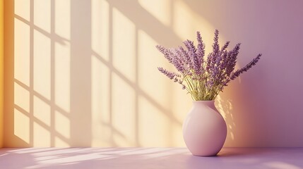 Lavender vase with sunlit room.