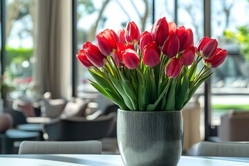 Red Tulips in Gray Vase, Sunny Interior