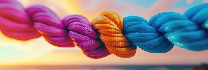 Colorful interwoven ropes against a sunset backdrop