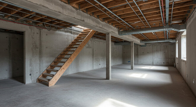 Unfinished basement with exposed wooden beams.
