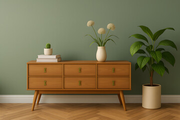 Mid-century modern living room with wooden cabinet and plants
