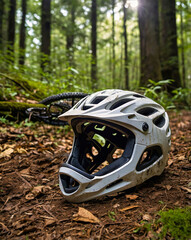 Full-Face MTB Helmet in Forest Trail After Ride Crash – Mountain Biking Adventure Scene
