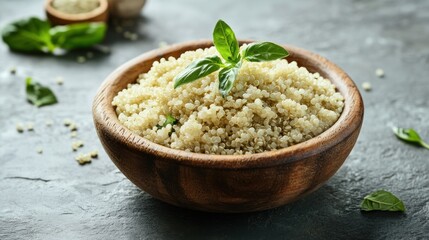 A Bowl of Cooked Quinoa with Fresh Basil