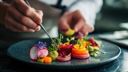 Skilled chef creating a gourmet dish with delicate plating techniques, vibrant ingredients displayed artistically, showcasing mastery.