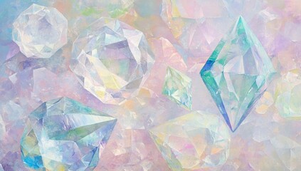Fototapeta premium Pastel-hued gemstones, various cuts and shapes, nestled on a soft, iridescent background