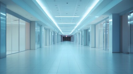 Modern futuristic corridor, sleek white walls and floors, ambient blue lighting, ideal for tech or innovation themes.