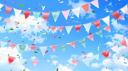Obraz premium Flag Day Sky Background: Red Flags Soar in the Firmament, Spreading a Grand Poem of the Interweaving of Vast Skies and Fluttering Flags