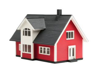 Model of a red house with black roof and white accents, cut out - stock png.